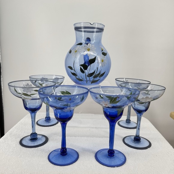 The Unbranded Brand Other - Vtg 7 Pc Set Hand-Blown/Hand Painted Margarita Glasses & Pitcher Floral Daisy